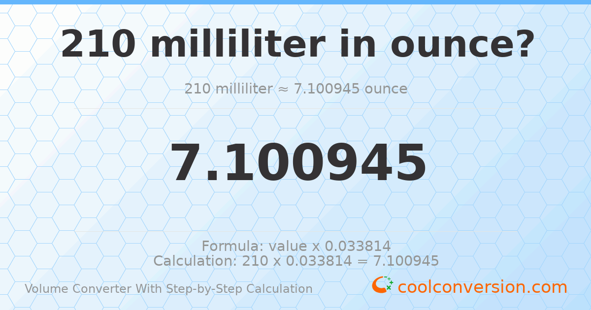 210 milliliters = 7.10094 ounces