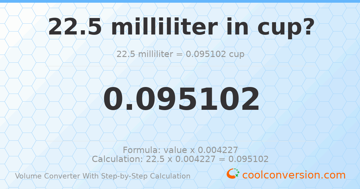 22.5 milliliters = 0.0951019 cups