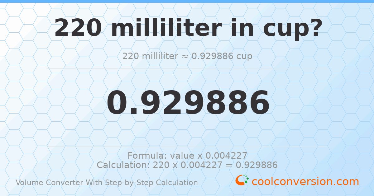 220 milliliters = 0.929886 cups