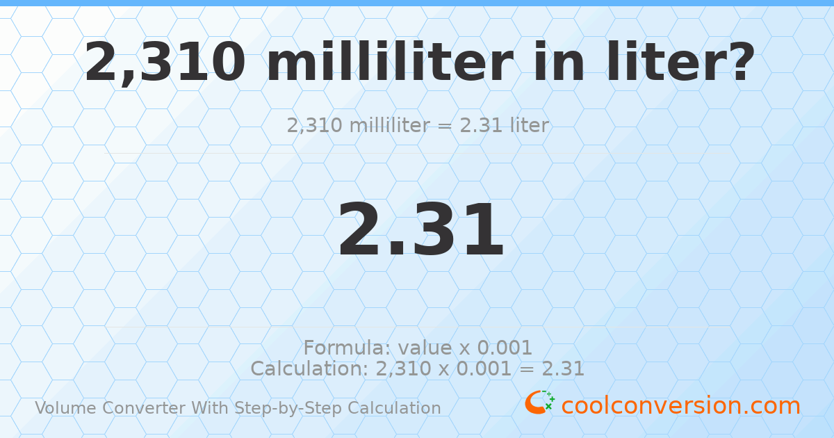 2310 milliliters = 2.31 liters