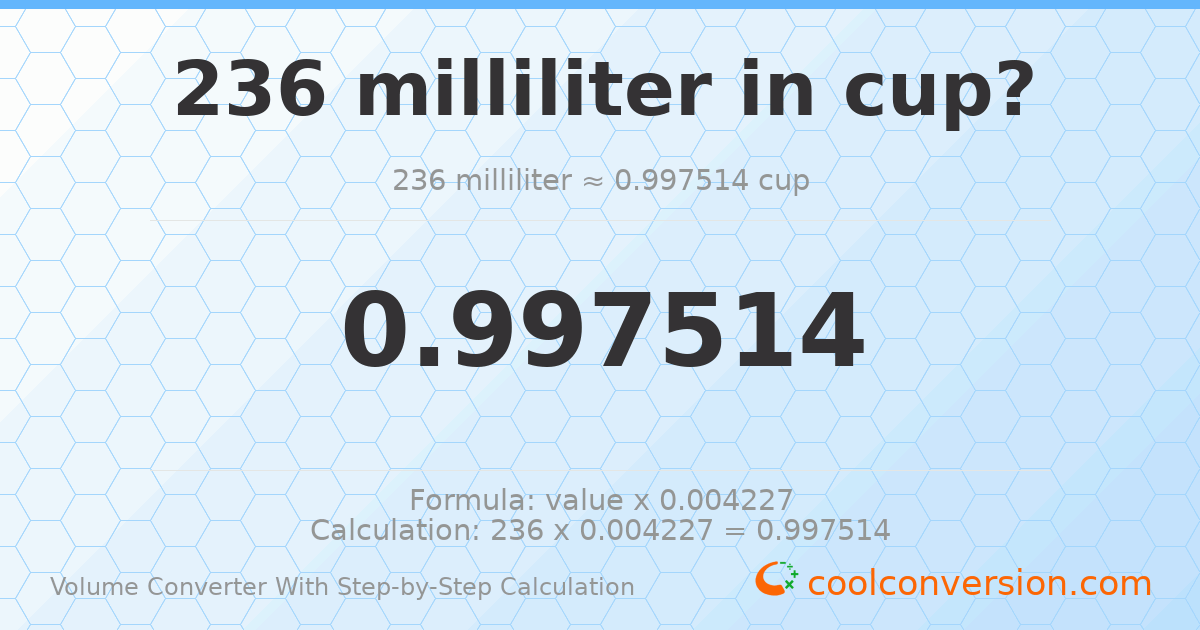 236 milliliters = 0.997514 cups