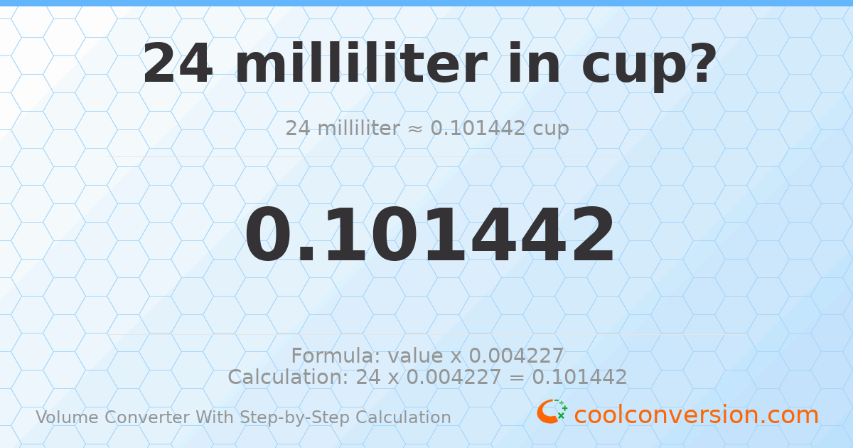 24 milliliters = 0.101442 cups