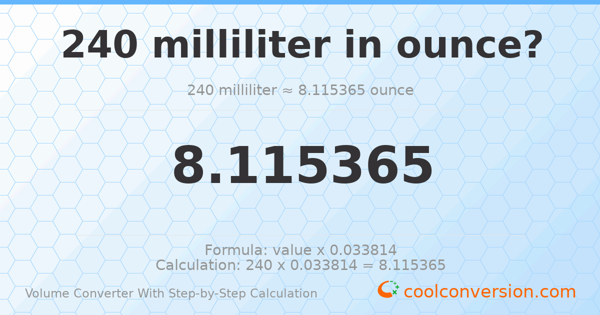 240 milliliters = 8.11537 ounces