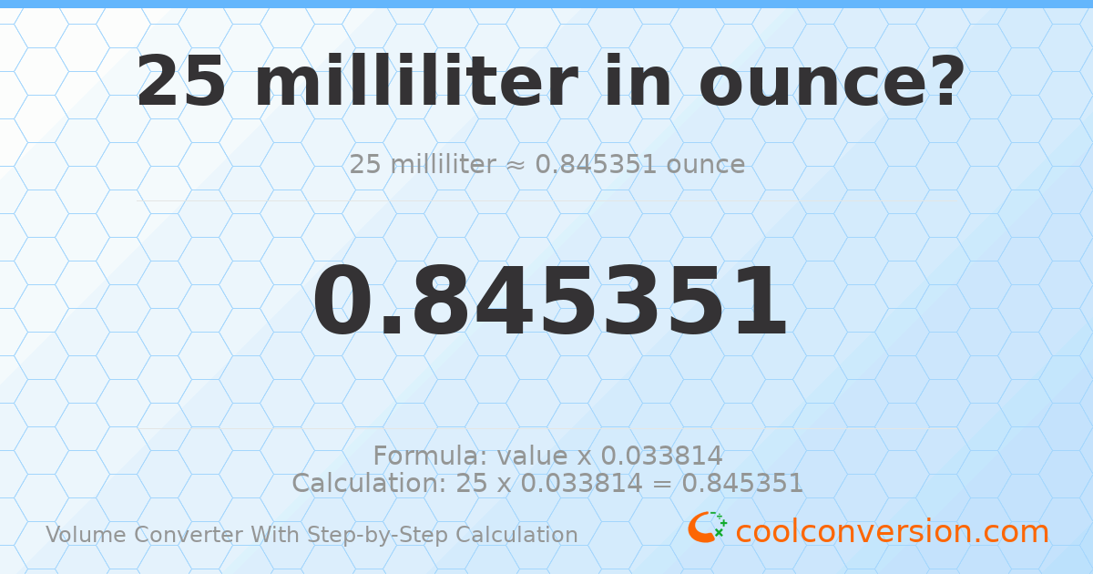 25 milliliters = 0.845351 ounces