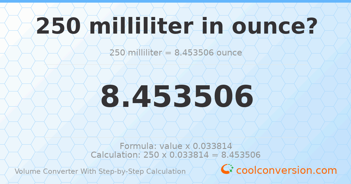 250 milliliters = 8.45351 ounces