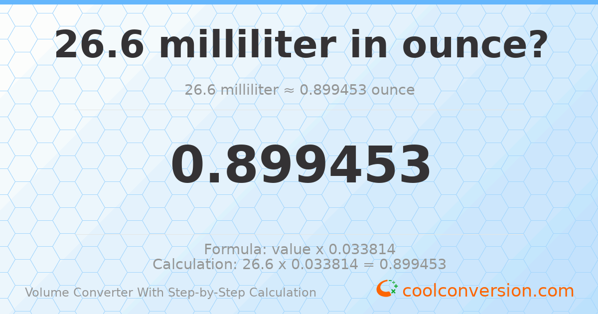 26.6 milliliters = 0.899453 ounces
