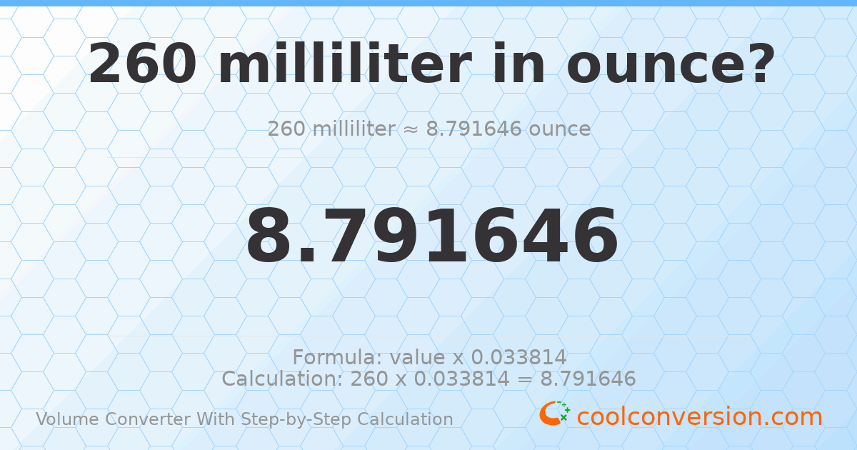 260 milliliters = 8.79165 ounces