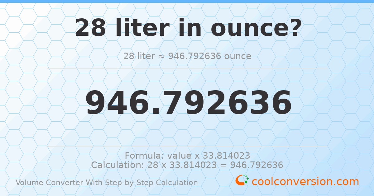28 liters = 946.793 ounces