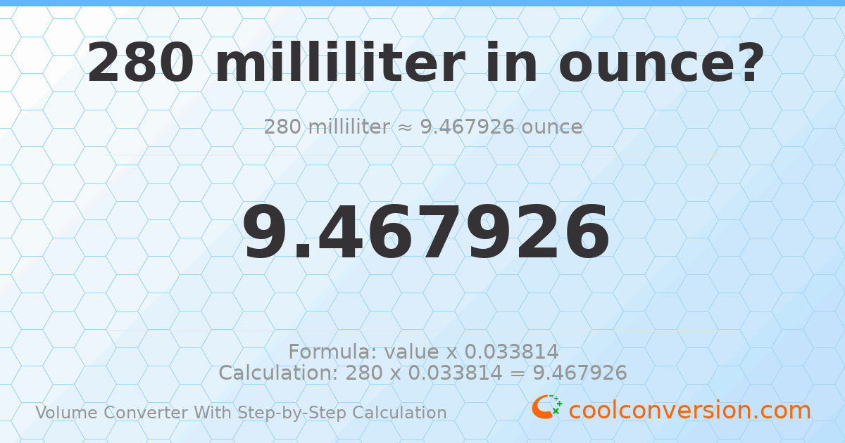 280 milliliters = 9.46793 ounces