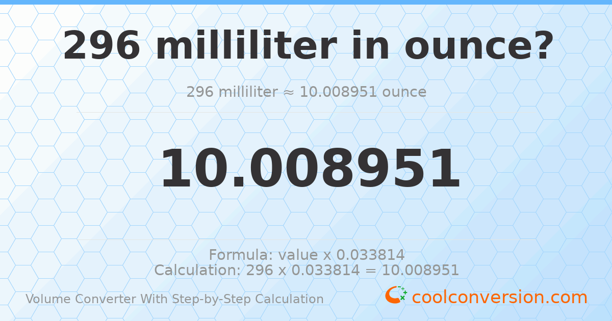 296 milliliters = 10.009 ounces