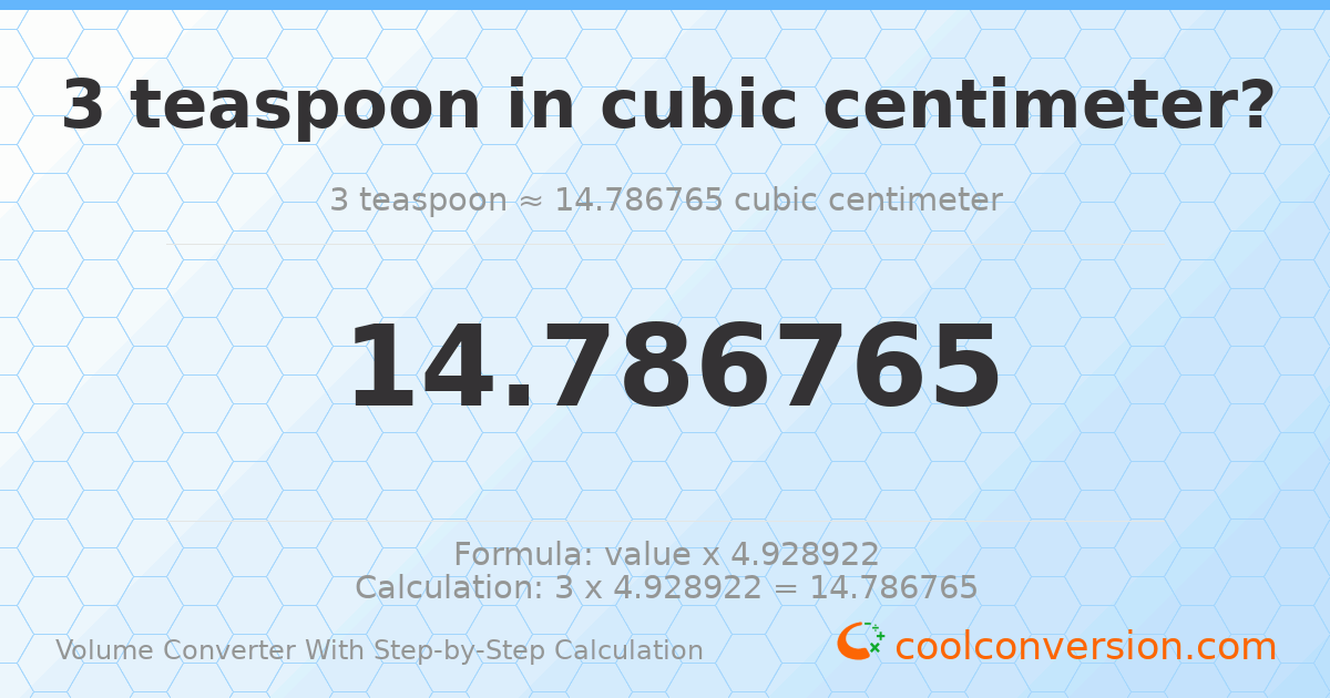 3 Teaspoons = 14.7868 cubic centimeters
