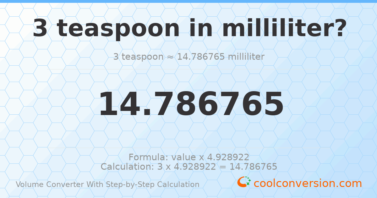 3 Teaspoons = 14.7868 milliliters