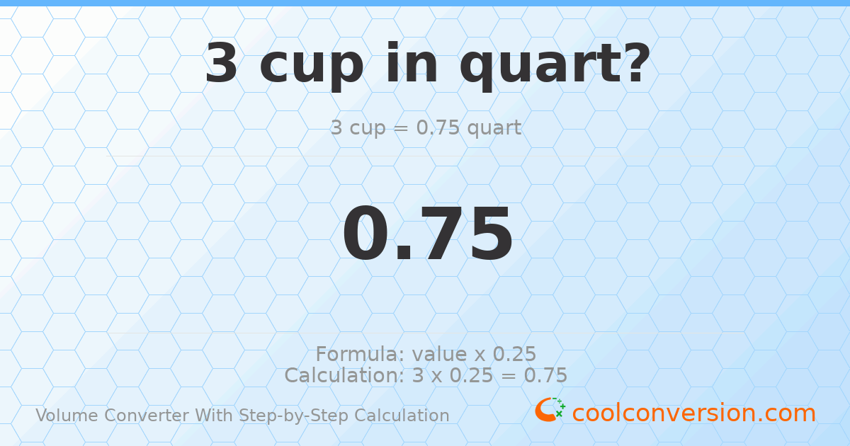 3 cups = 0.75 quarts
