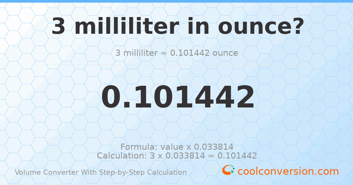 3 milliliters = 0.101442 ounces