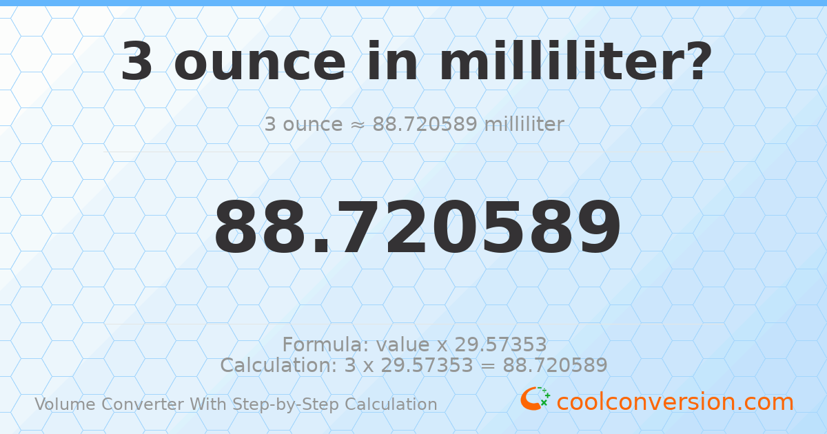 3 ounces = 88.7206 milliliters