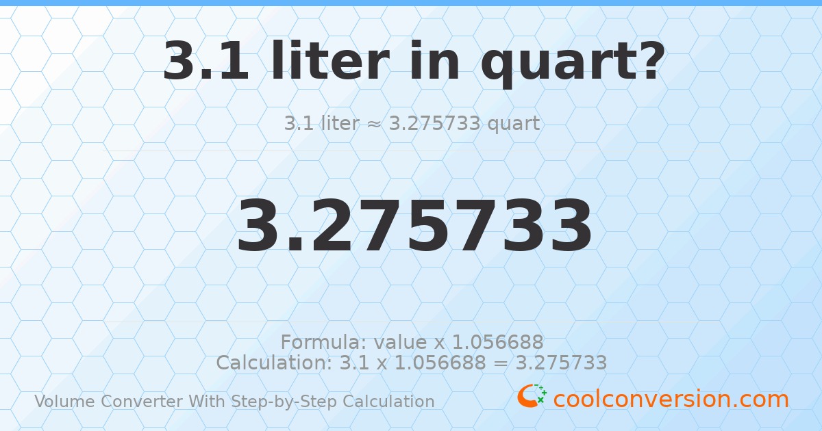 3.1 liters = 3.27573 quarts