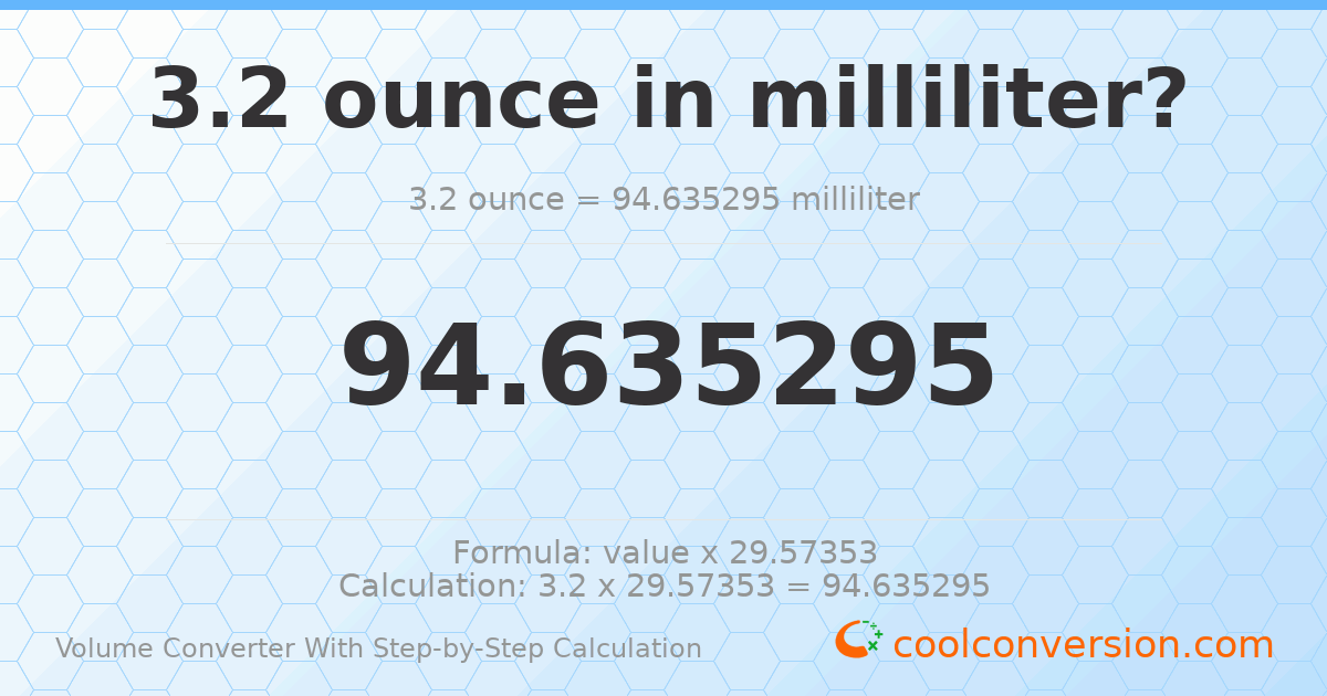 3.2 ounces = 94.6353 milliliters