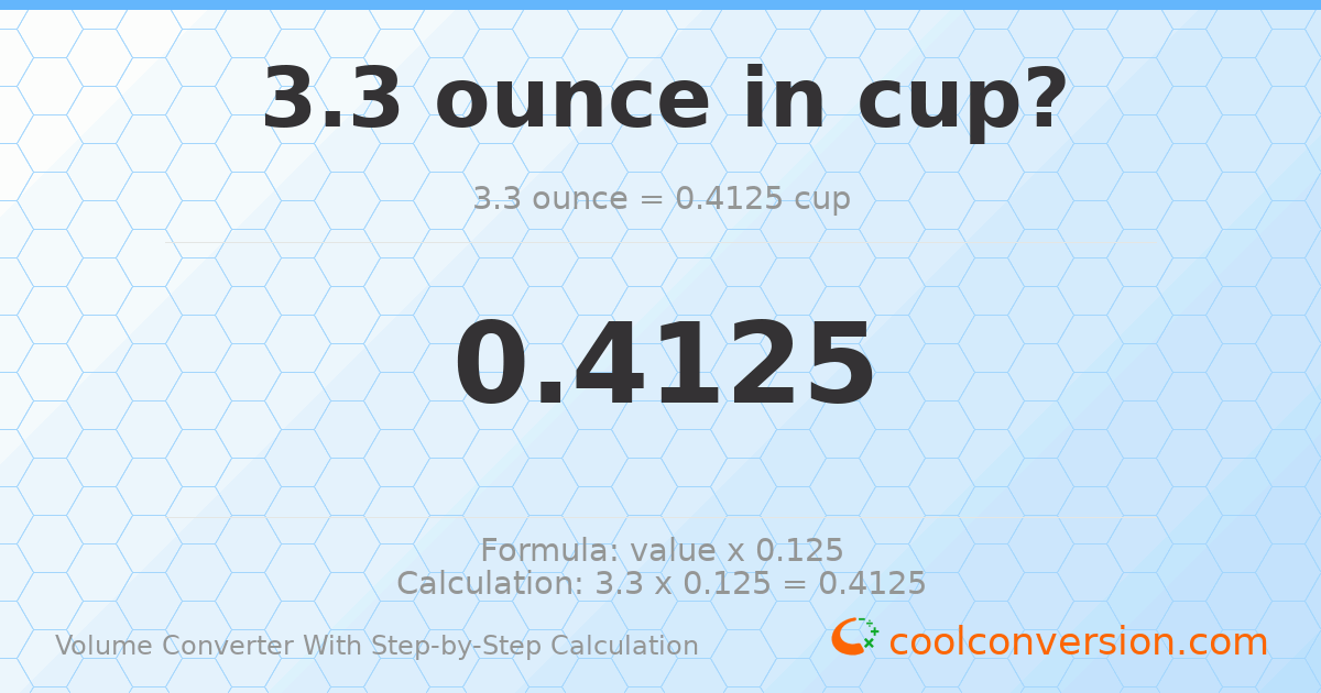 3.3 ounces = 0.4125 cups