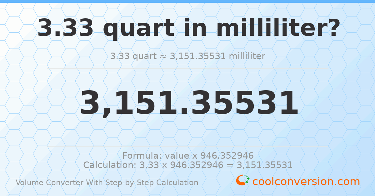3.33 quarts = 3151.36 milliliters