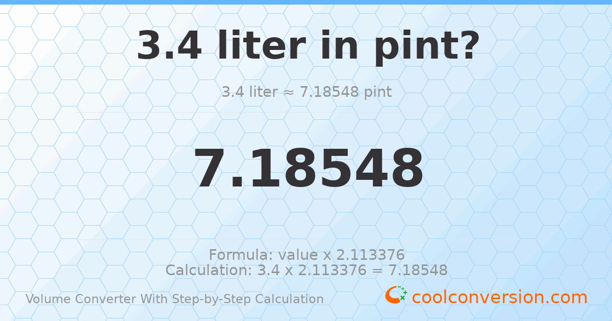 3.4 liters = 7.18548 pints