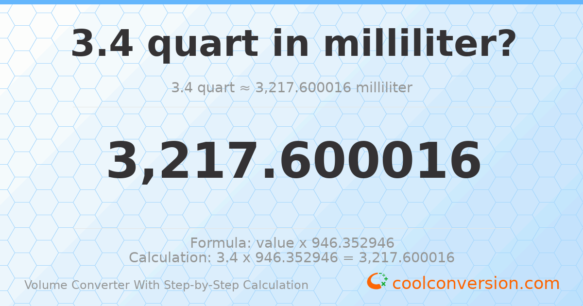 3.4 quarts = 3217.6 milliliters