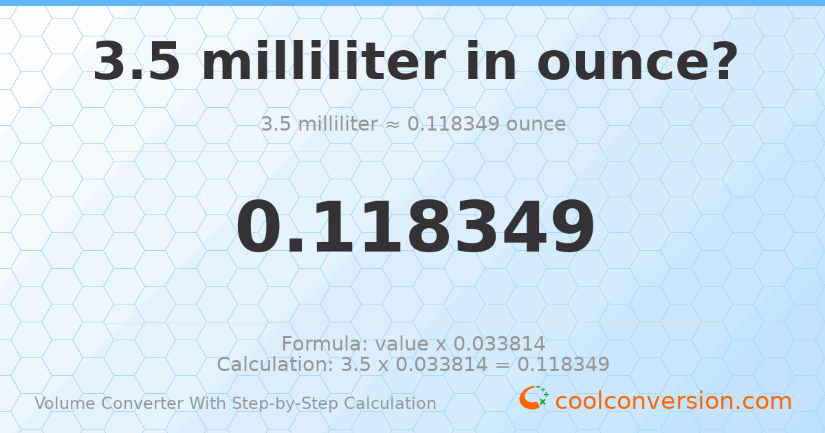 3.5 milliliters = 0.118349 ounces