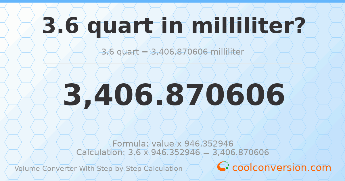 3.6 quarts = 3406.87 milliliters