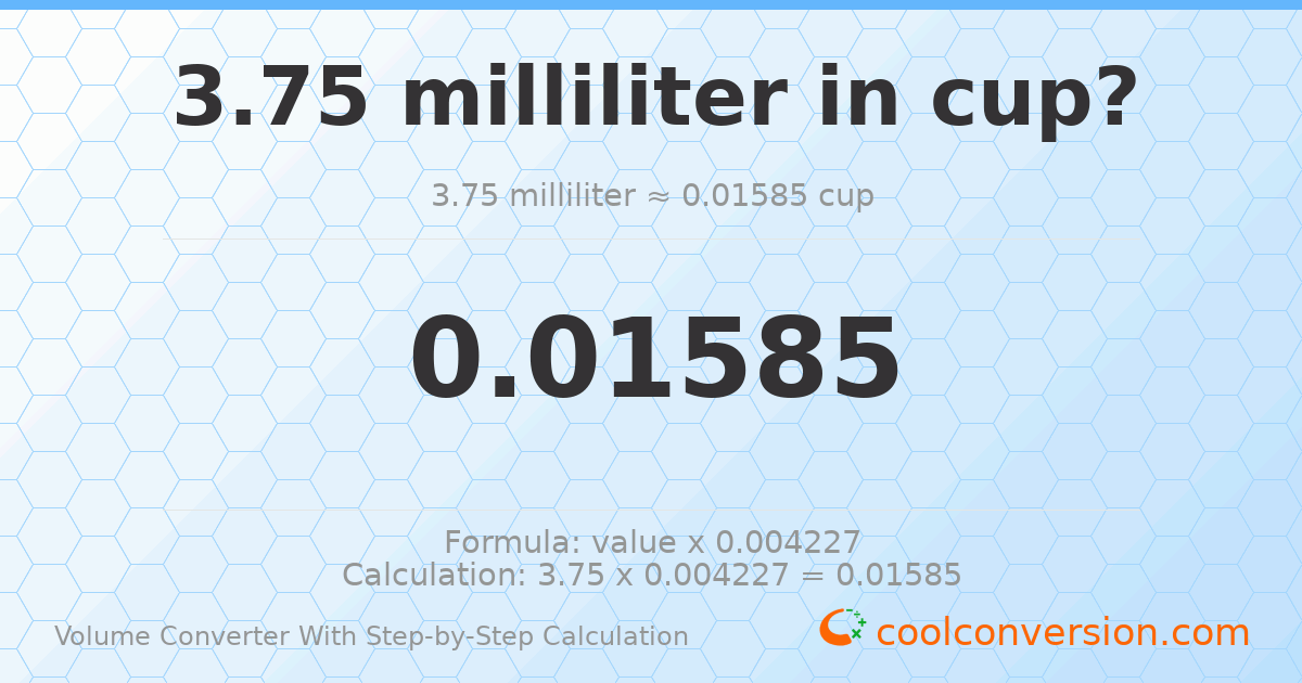 3.75 milliliters = 0.0158503 cups