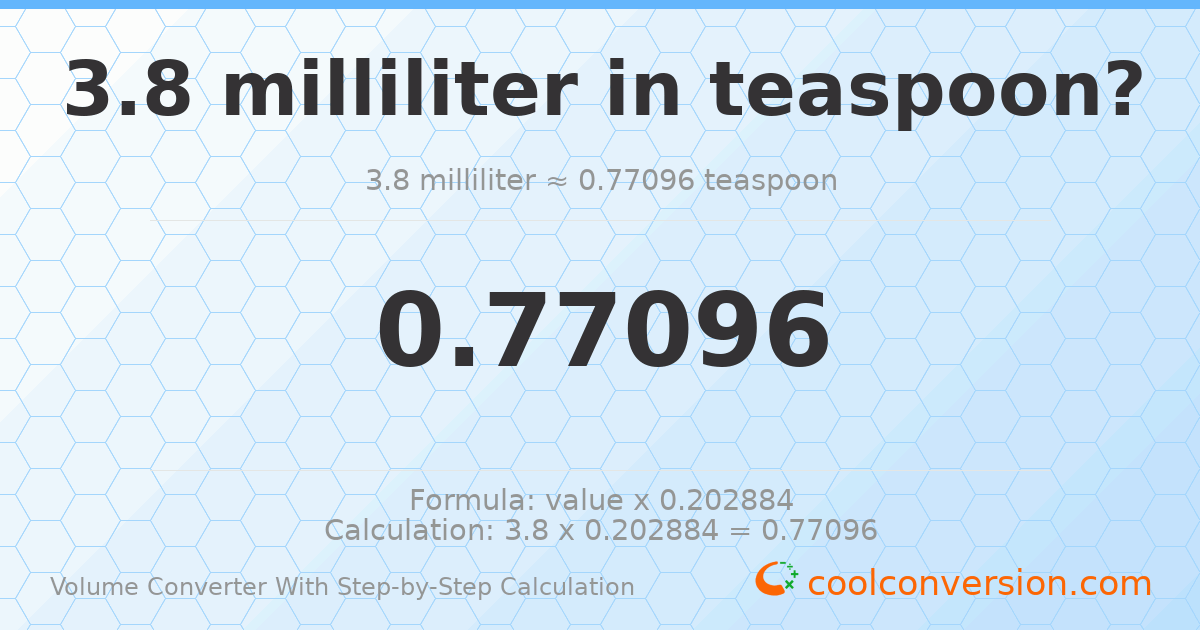 3.8 milliliters = 0.77096 Teaspoons