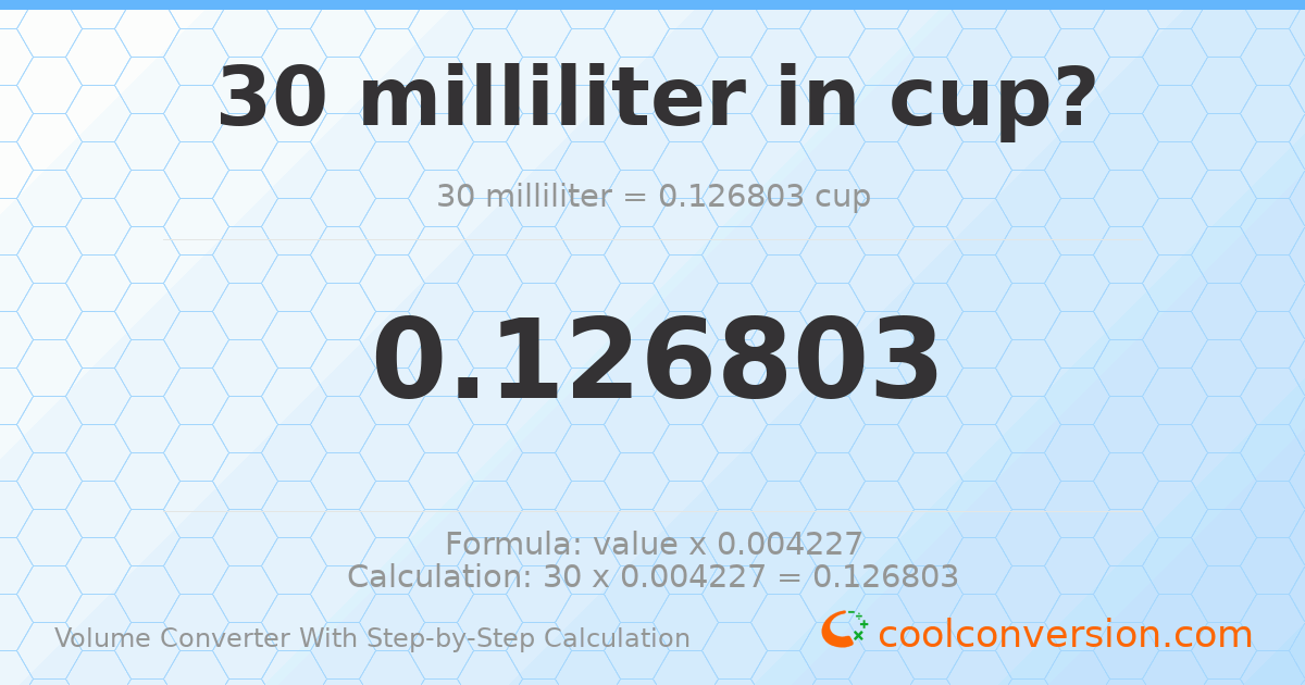 30 milliliters = 0.126803 cups