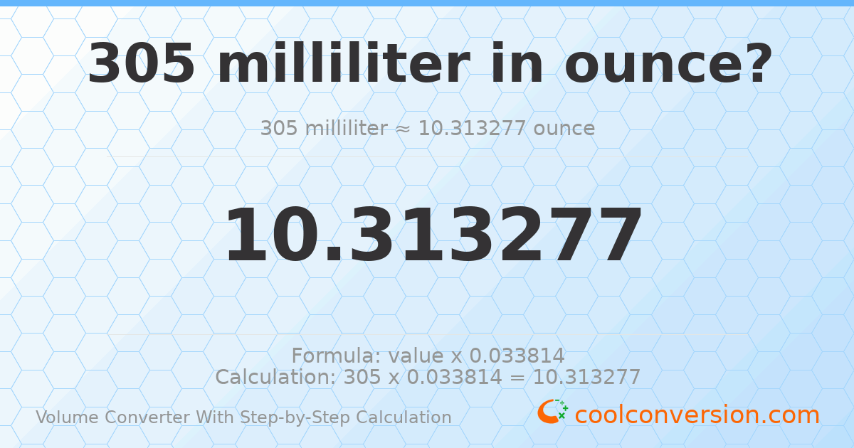 305 milliliters = 10.3133 ounces