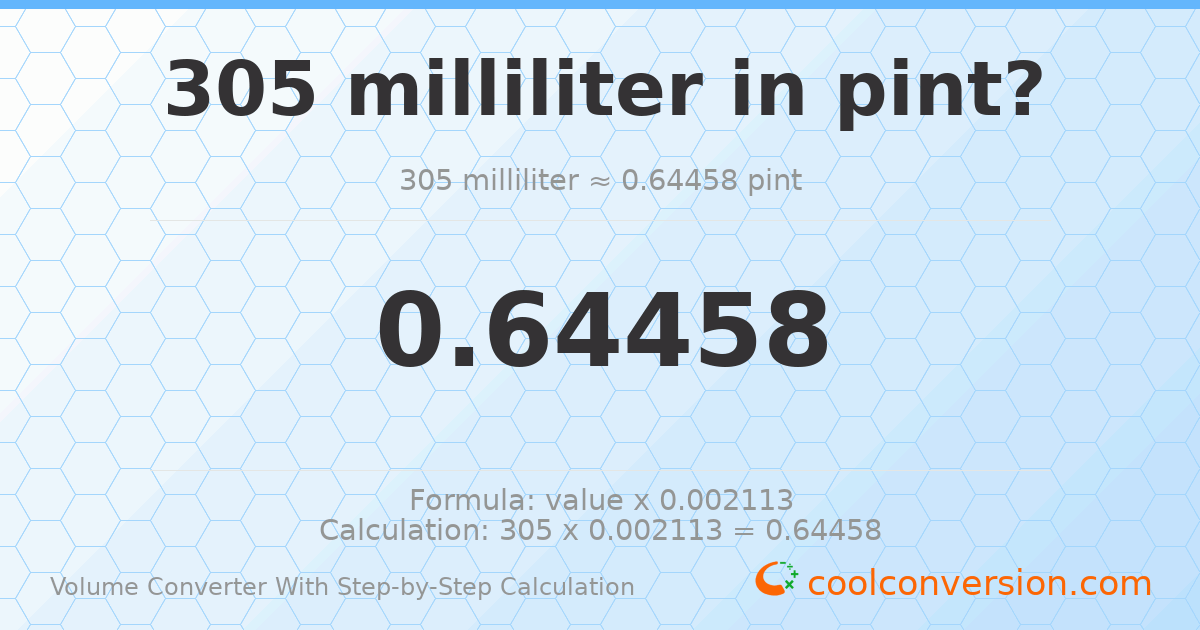 305 milliliters = 0.64458 pints
