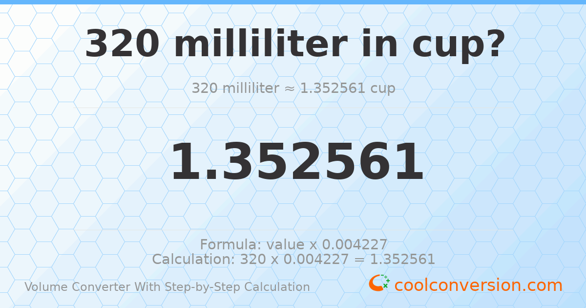 320 milliliters = 1.35256 cups