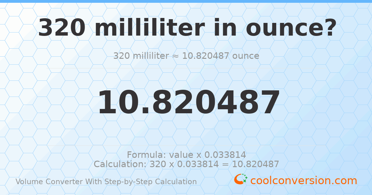 320 milliliters = 10.8205 ounces
