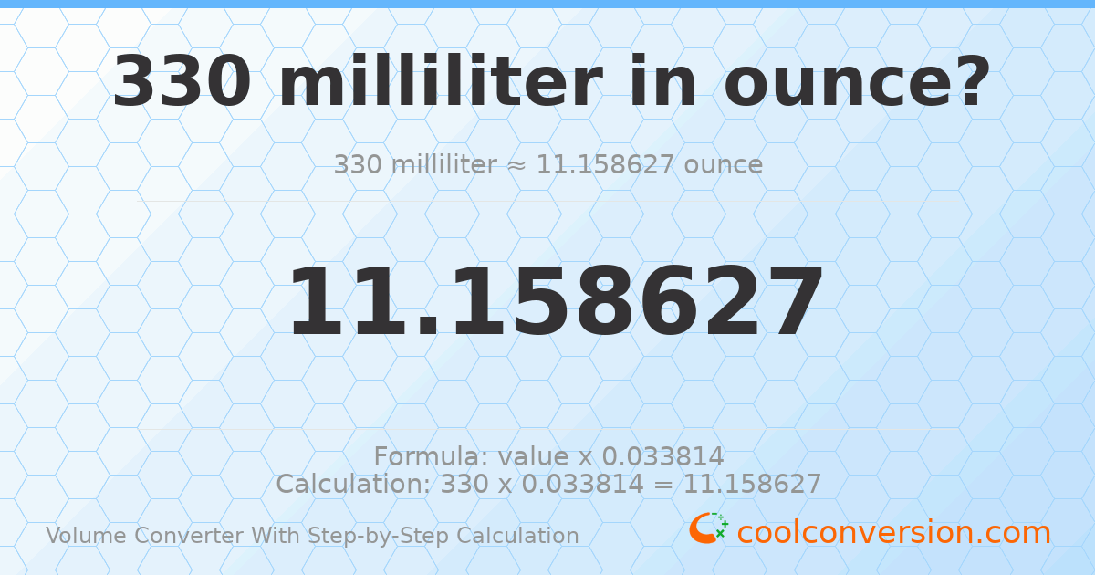 330 milliliters = 11.1586 ounces