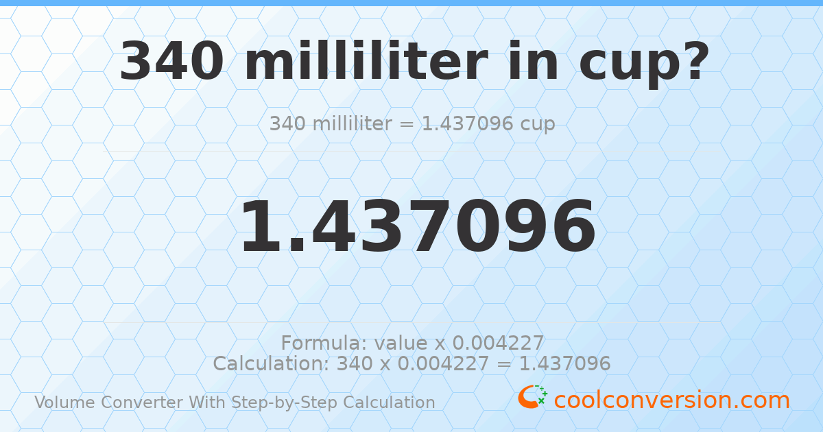 340 milliliters = 1.4371 cups