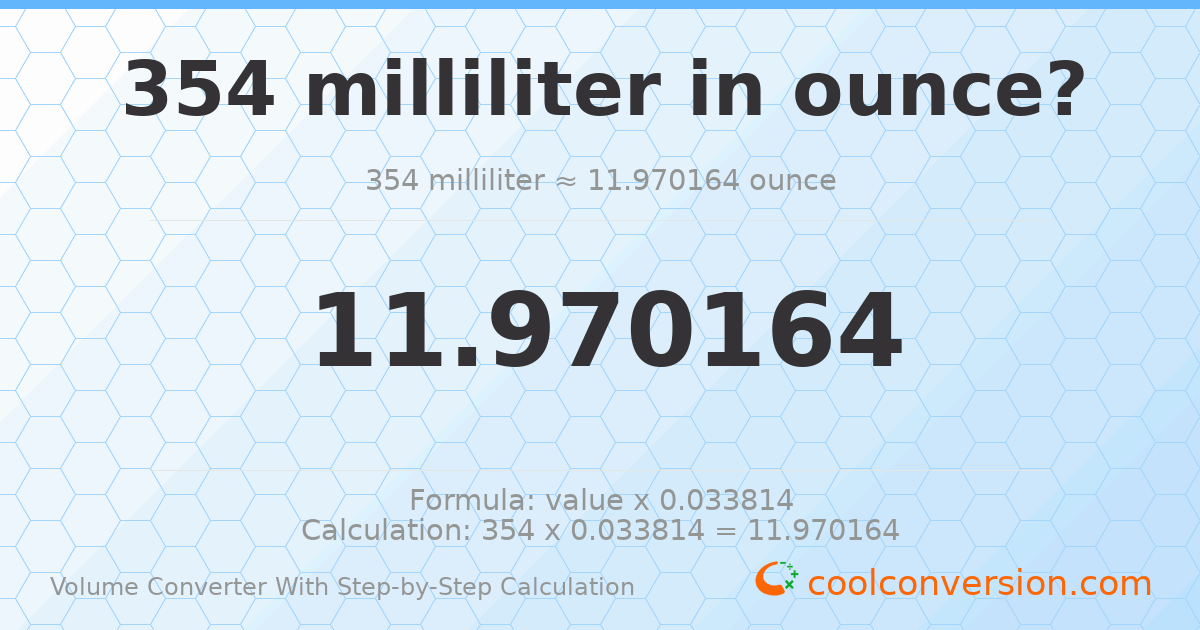 354 milliliters = 11.9702 ounces