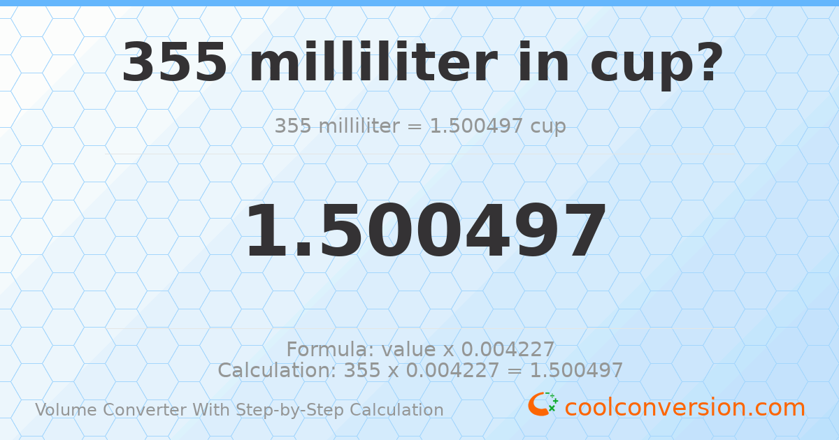 355 milliliters = 1.5005 cups