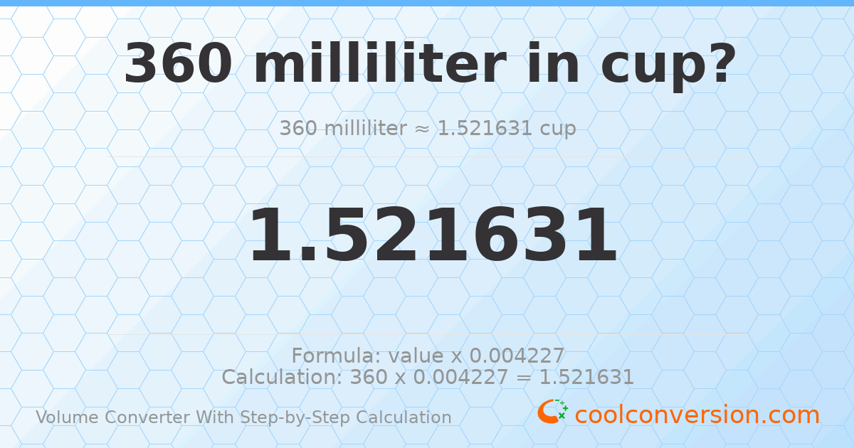 360 milliliters = 1.52163 cups