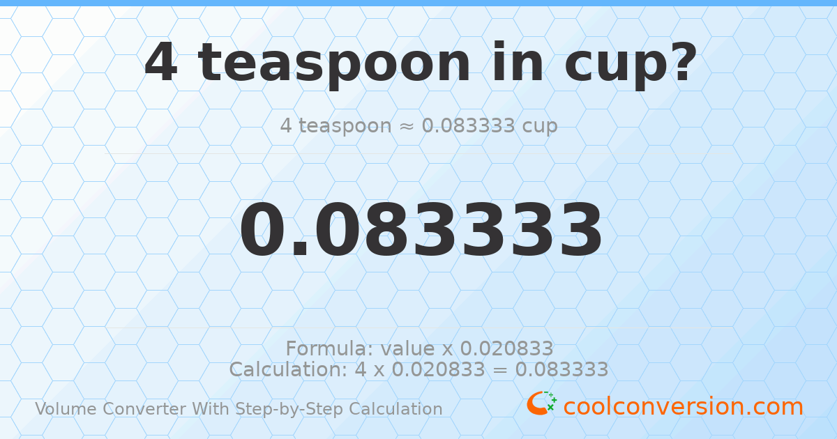 4 Teaspoons = 0.0833333 cups