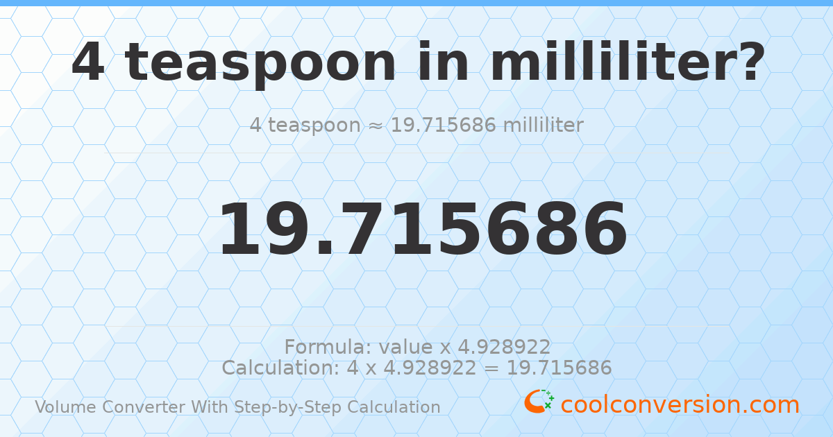 4 Teaspoons = 19.7157 milliliters