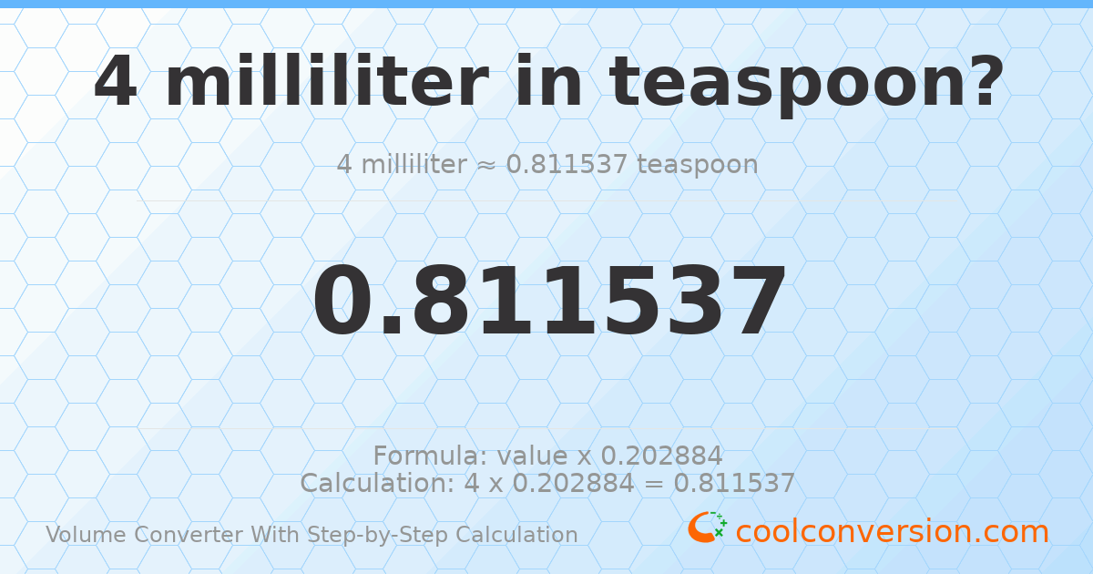 4 milliliters = 0.811537 Teaspoons