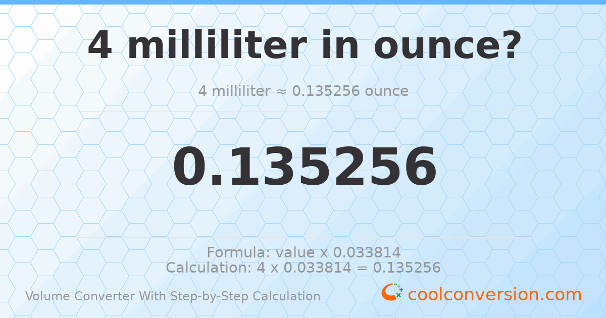 4 milliliters = 0.135256 ounces