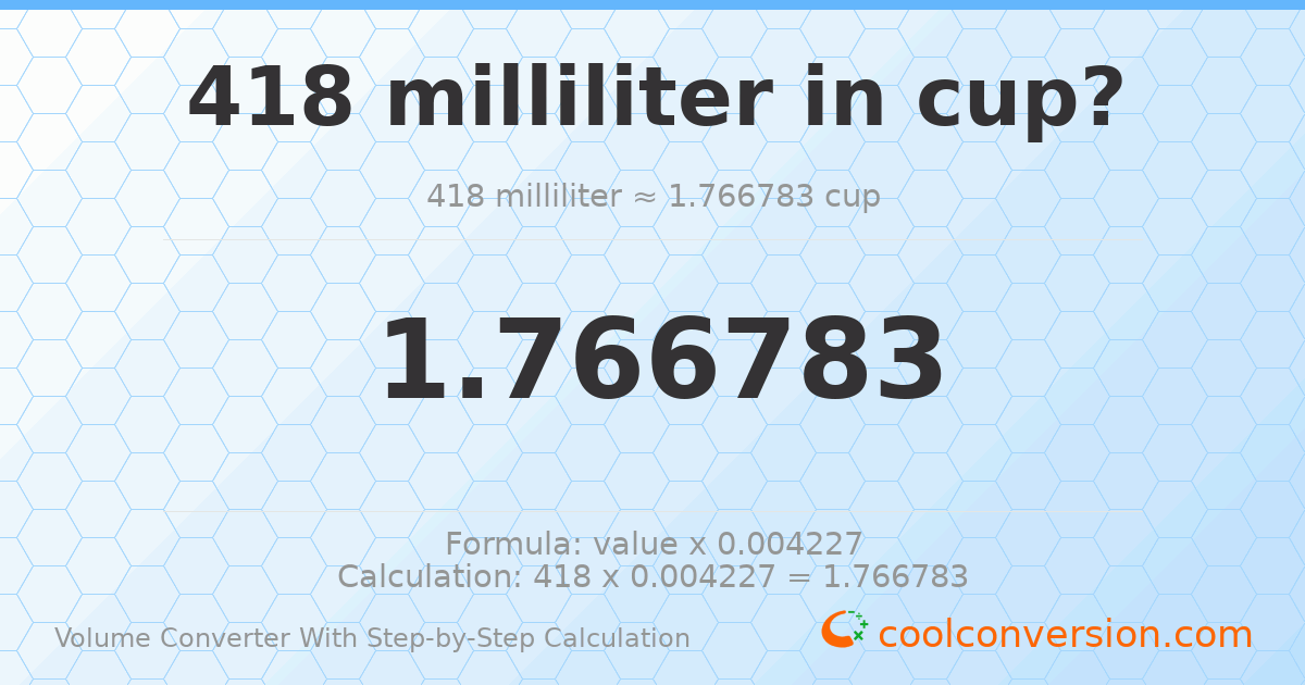 418 milliliters = 1.76678 cups