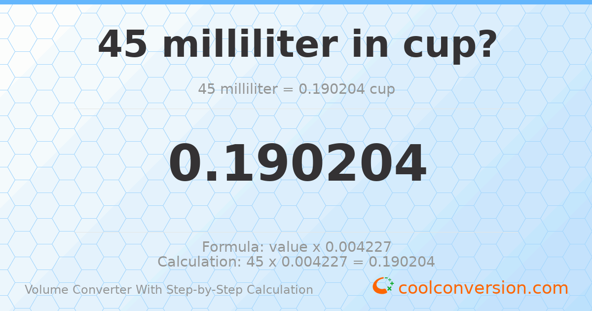 45 milliliters = 0.190204 cups