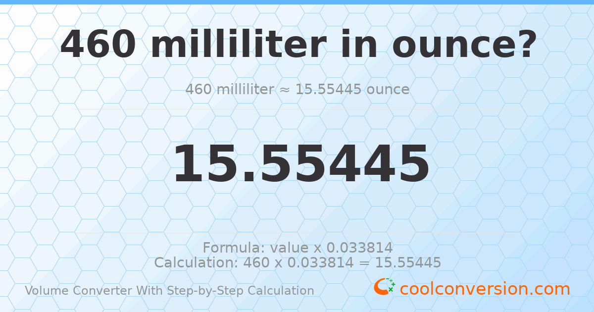 460 milliliters = 15.5545 ounces