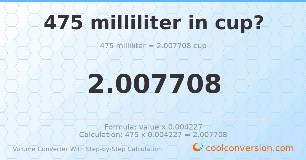 475 milliliters = 2.00771 cups