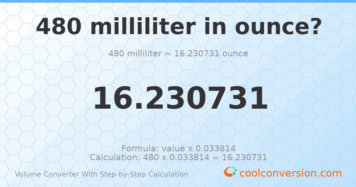 480 milliliters = 16.2307 ounces