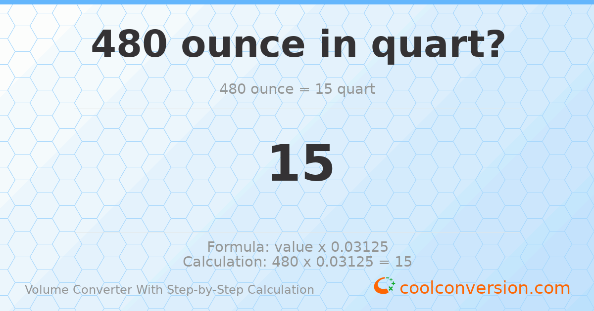 480 ounces = 15 quarts