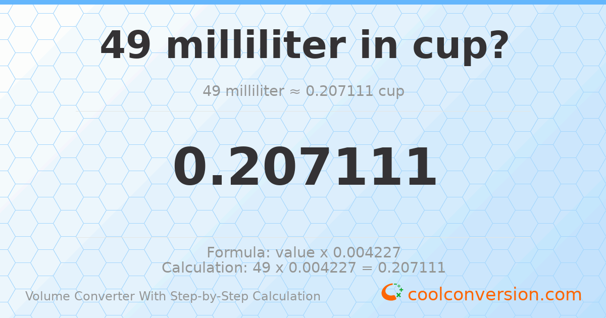 49 milliliters = 0.207111 cups